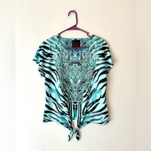 Women's Tunic Top Size PM Tie-Front Crop Blouse Animal Print Boho Fairy Y2K